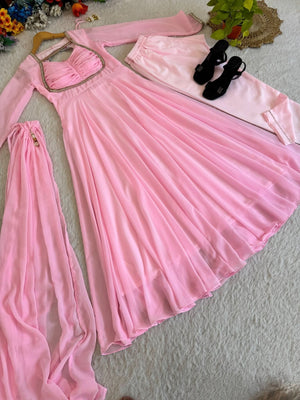 Baby Pink Fox Georgette Gown Set With Dupatta & Pant - LAASYNA