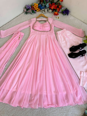Baby Pink Fox Georgette Gown Set With Dupatta & Pant - LAASYNA