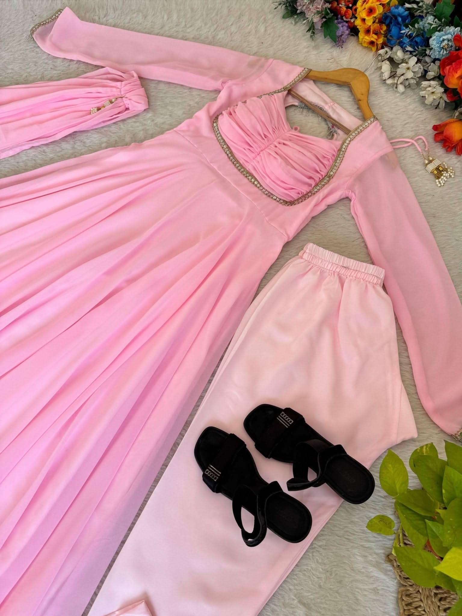 Baby Pink Fox Georgette Gown Set With Dupatta & Pant - LAASYNA