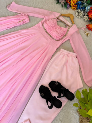 Baby Pink Fox Georgette Gown Set With Dupatta & Pant - LAASYNA