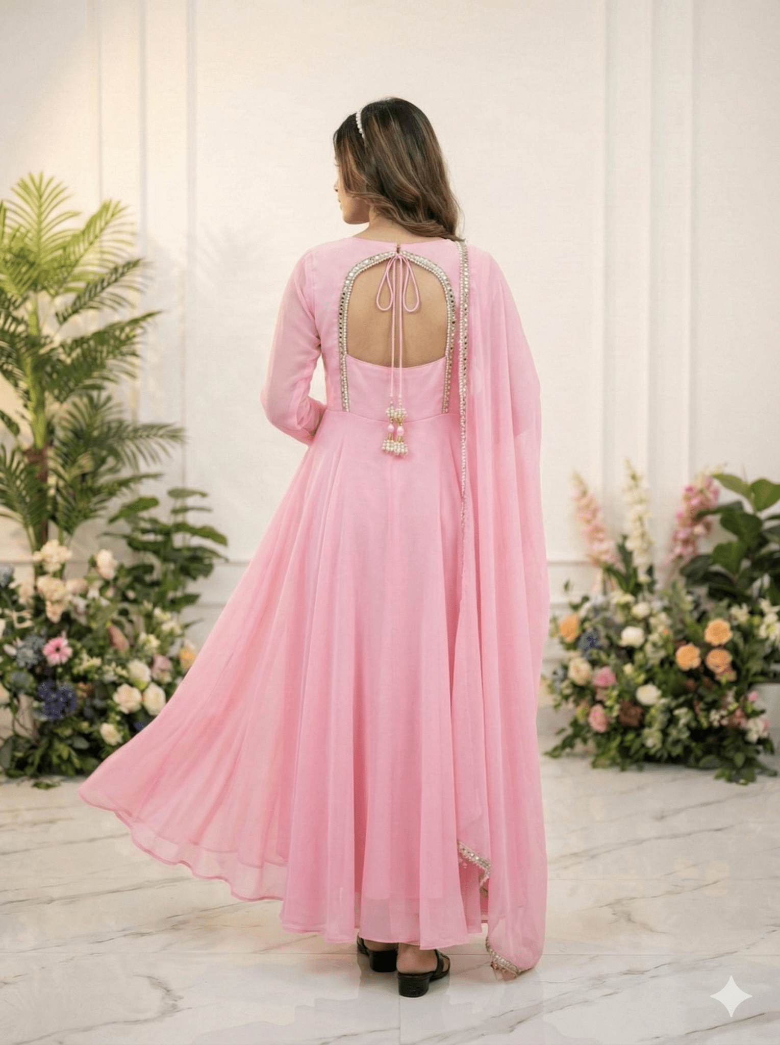 Baby Pink Fox Georgette Gown Set With Dupatta & Pant - LAASYNA