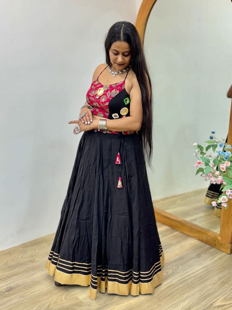 Black Navratri 2025 Roman Silk Lehenga Choli With Mirror Work - LAASYNA