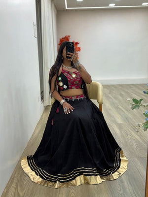 Black Navratri 2025 Roman Silk Lehenga Choli With Mirror Work - LAASYNA
