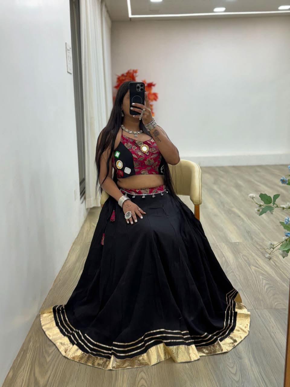 Black Navratri 2025 Roman Silk Lehenga Choli With Mirror Work - LAASYNA