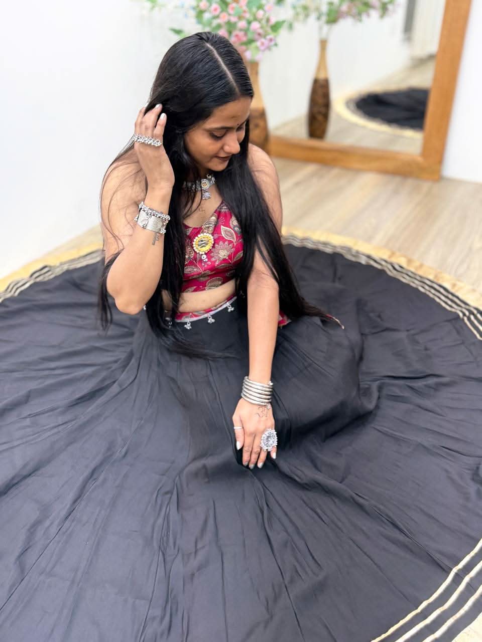Black Navratri 2025 Roman Silk Lehenga Choli With Mirror Work - LAASYNA