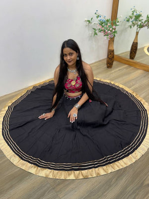 Black Navratri 2025 Roman Silk Lehenga Choli With Mirror Work - LAASYNA