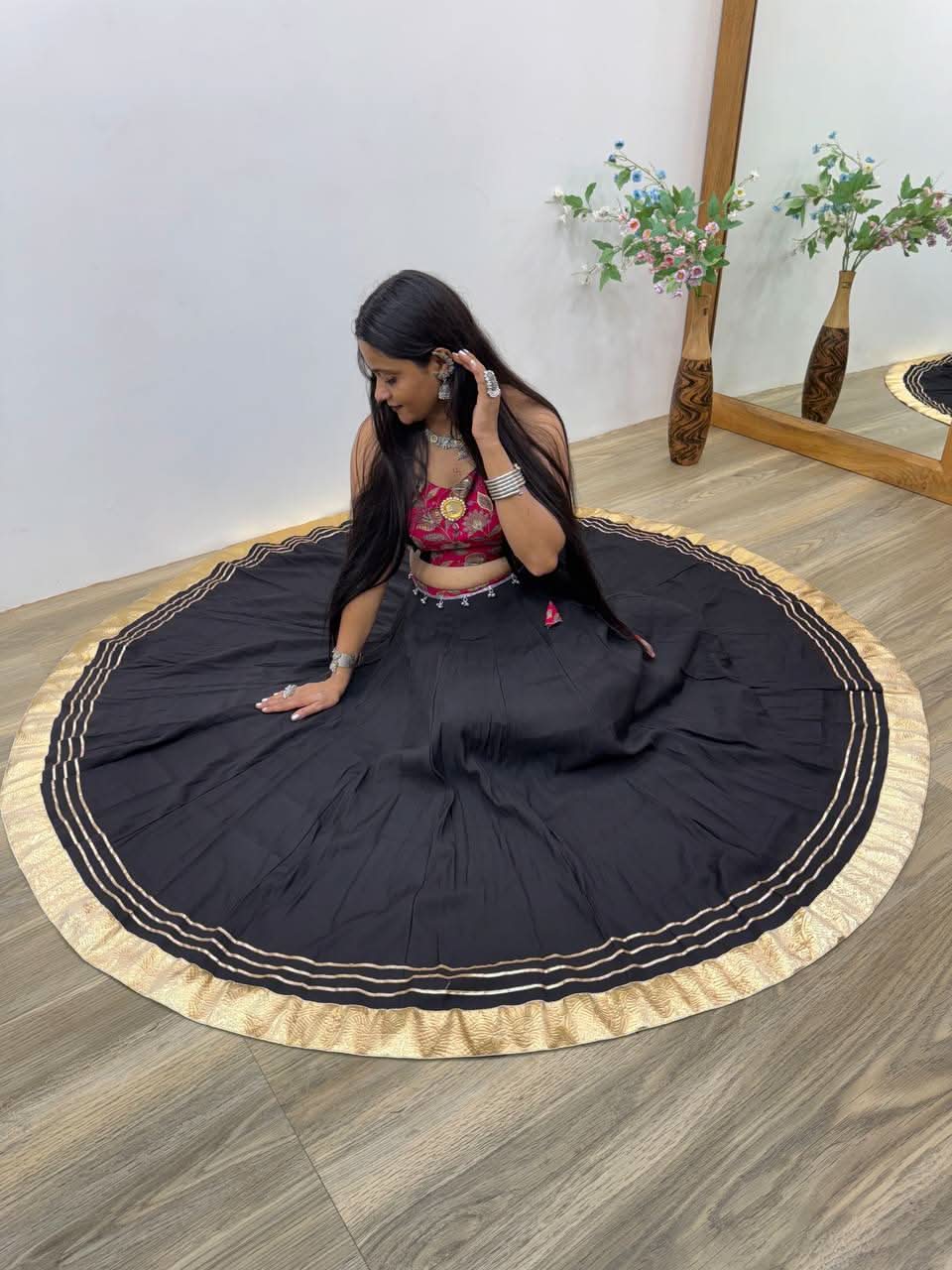 Black Navratri 2025 Roman Silk Lehenga Choli With Mirror Work - LAASYNA