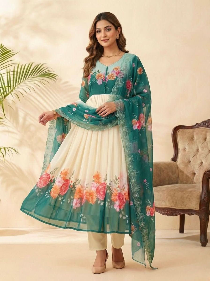 Cream Fox Georgette Party Wear Gown Set With Dupatta & Pant - LAASYNA