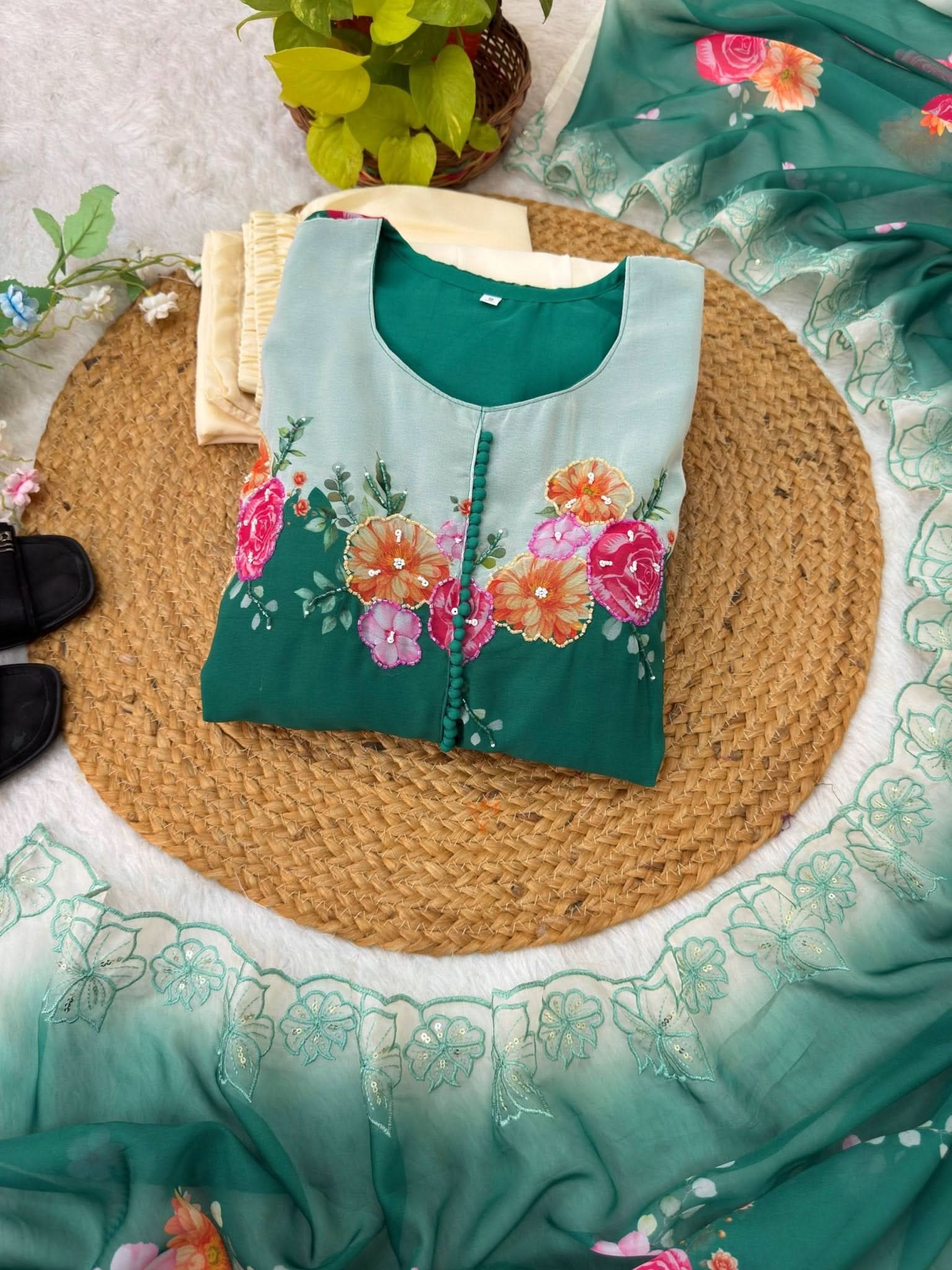 Cream Fox Georgette Party Wear Gown Set With Dupatta & Pant - LAASYNA