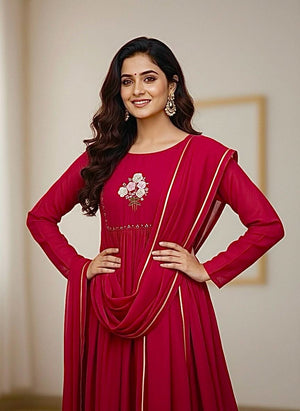 Dark Wine Mul Viscose Chanderi Cotton Gown Set With Dupatta & Pant - LAASYNA