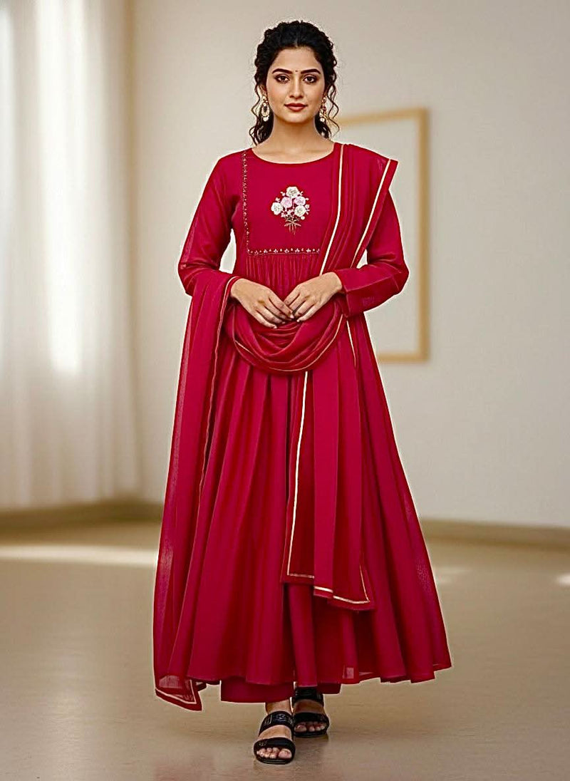 Dark Wine Mul Viscose Chanderi Cotton Gown Set With Dupatta & Pant - LAASYNA