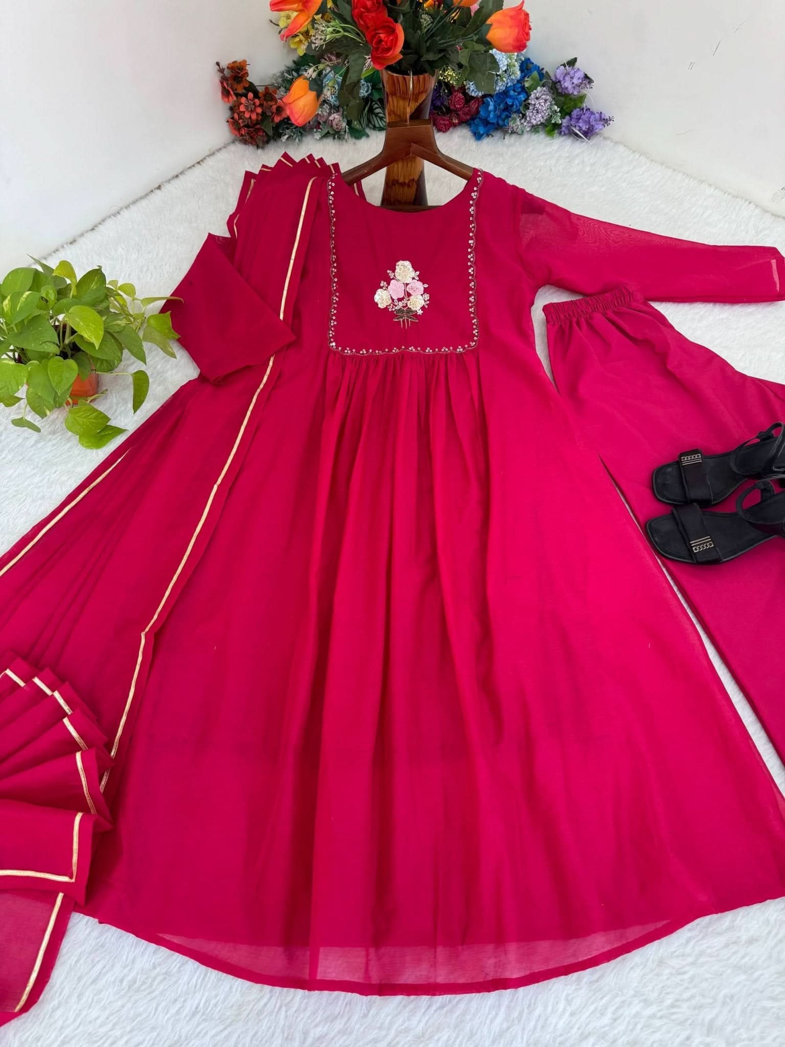 Dark Wine Mul Viscose Chanderi Cotton Gown Set With Dupatta & Pant - LAASYNA