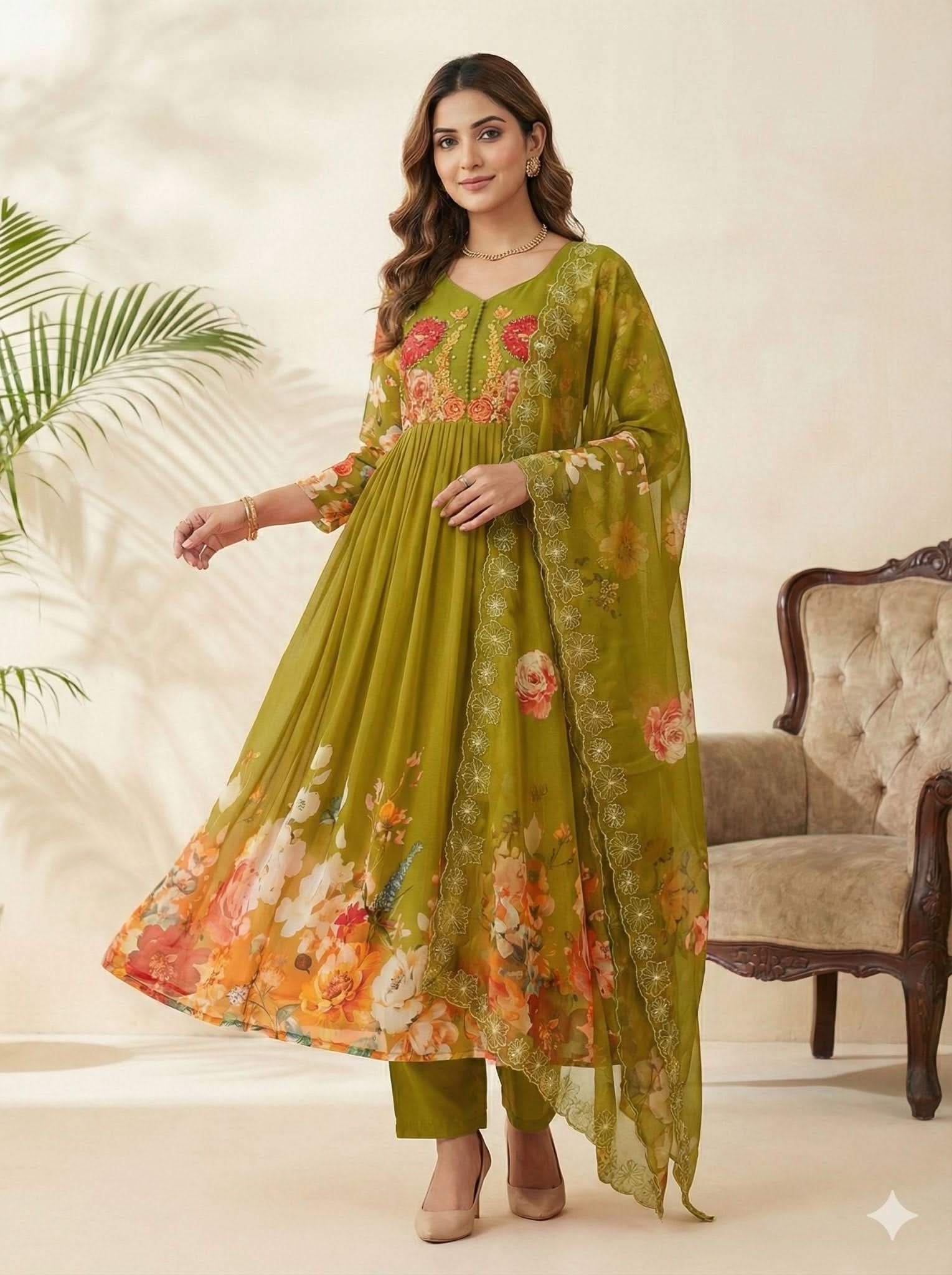 Designer Fox Georgette Handwork Neck Gown Set With Taby Silk Digital Print Dupatta - LAASYNA