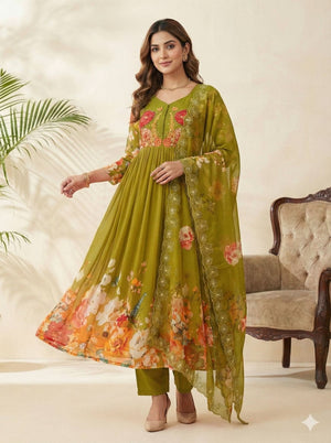 Designer Fox Georgette Handwork Neck Gown Set With Taby Silk Digital Print Dupatta - LAASYNA