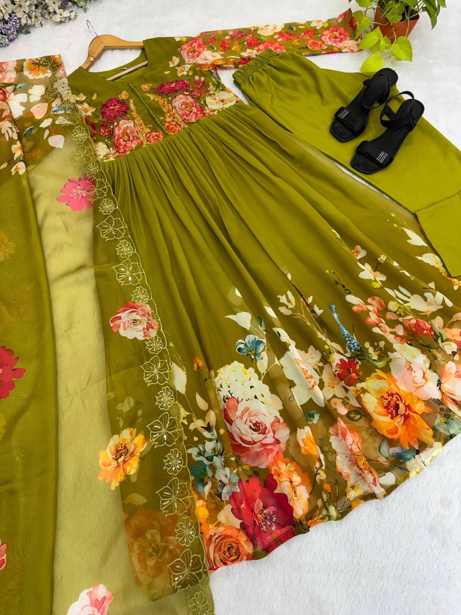 Designer Fox Georgette Handwork Neck Gown Set With Taby Silk Digital Print Dupatta - LAASYNA
