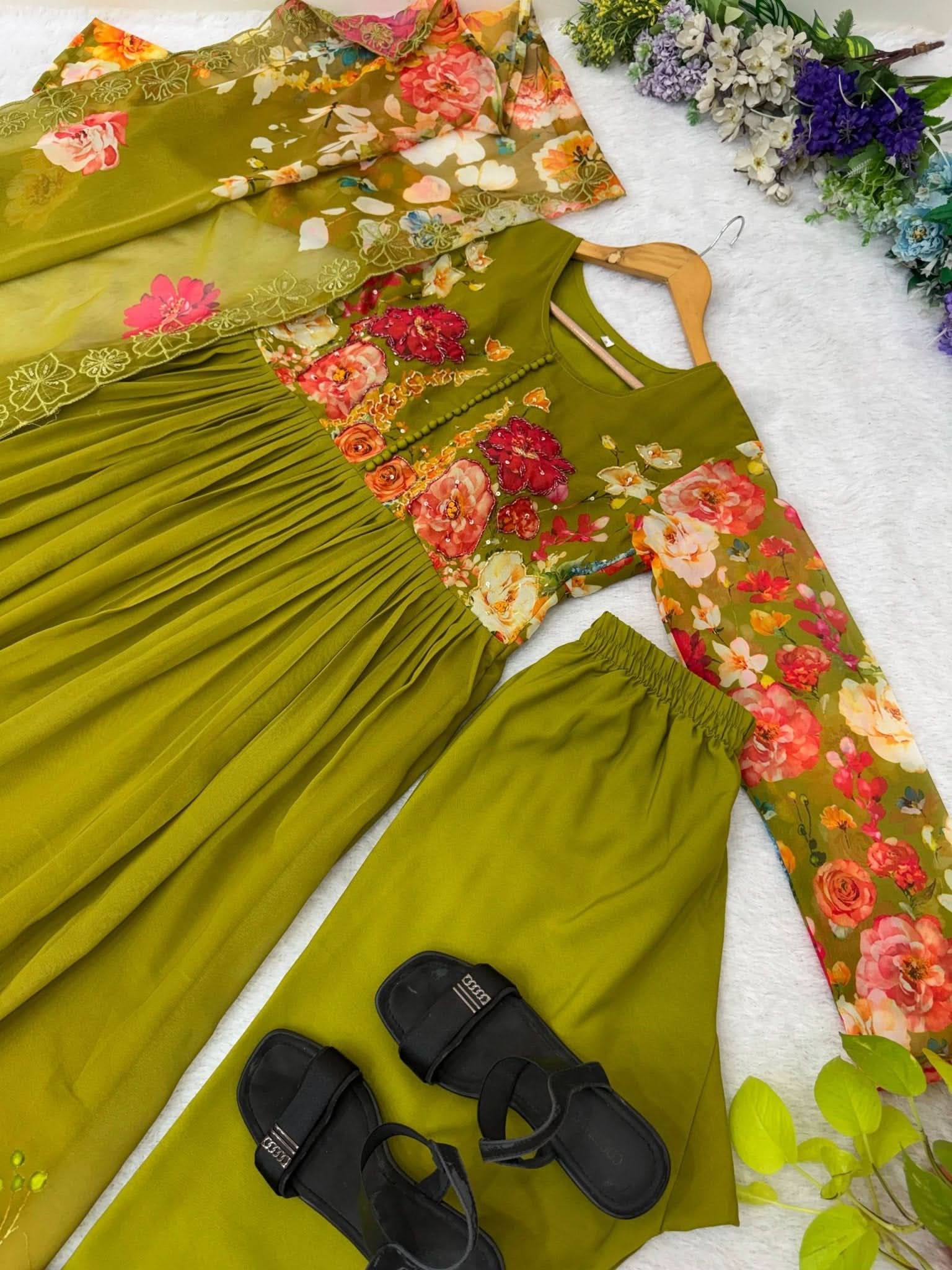 Designer Fox Georgette Handwork Neck Gown Set With Taby Silk Digital Print Dupatta - LAASYNA