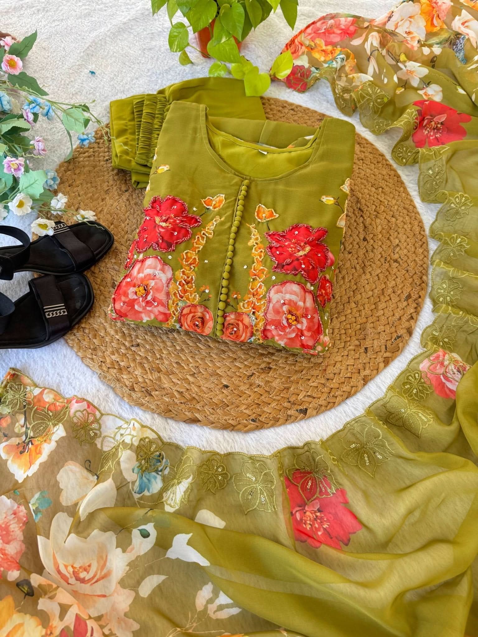 Designer Fox Georgette Handwork Neck Gown Set With Taby Silk Digital Print Dupatta - LAASYNA