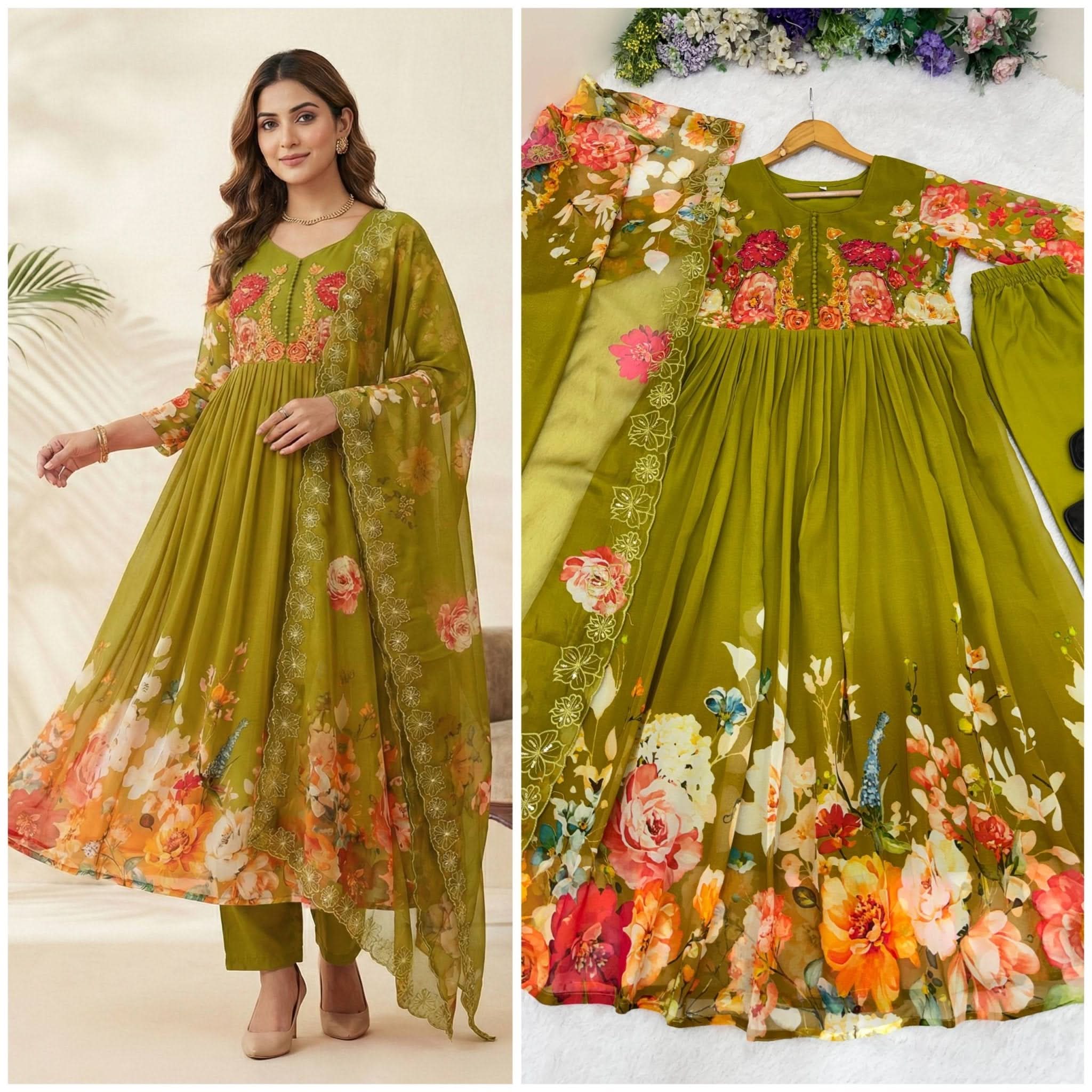 Designer Fox Georgette Handwork Neck Gown Set With Taby Silk Digital Print Dupatta - LAASYNA