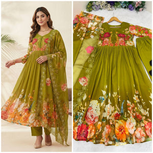 Designer Fox Georgette Handwork Neck Gown Set With Taby Silk Digital Print Dupatta - LAASYNA
