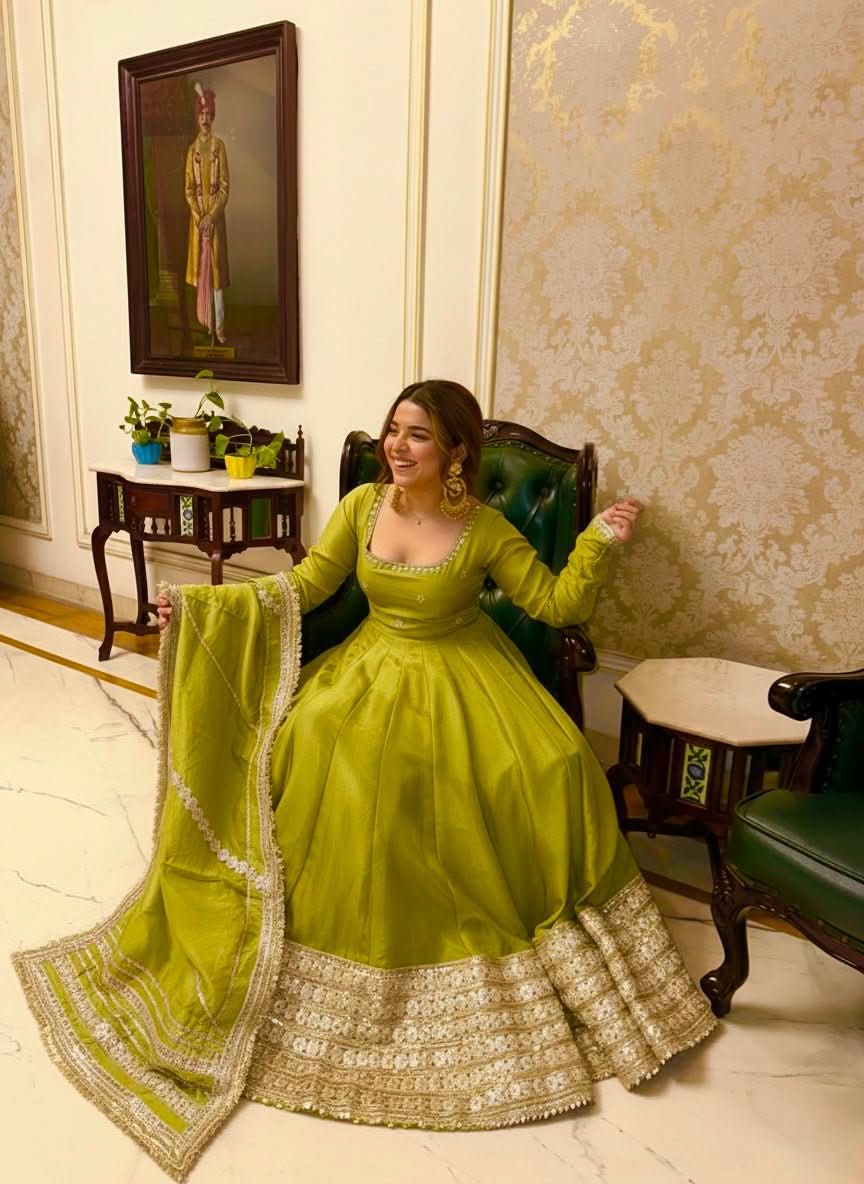 DN - 568 Oliva Green Chinon Silk Anarkali Gown Set With Dupatta & Pant – Heavy Embroidery - LAASYNA