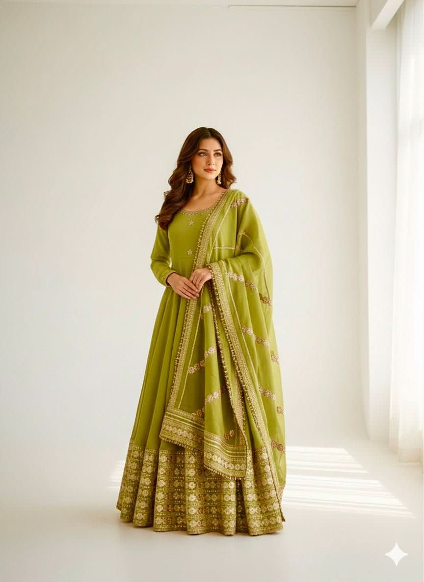 DN - 568 Oliva Green Chinon Silk Anarkali Gown Set With Dupatta & Pant – Heavy Embroidery - LAASYNA