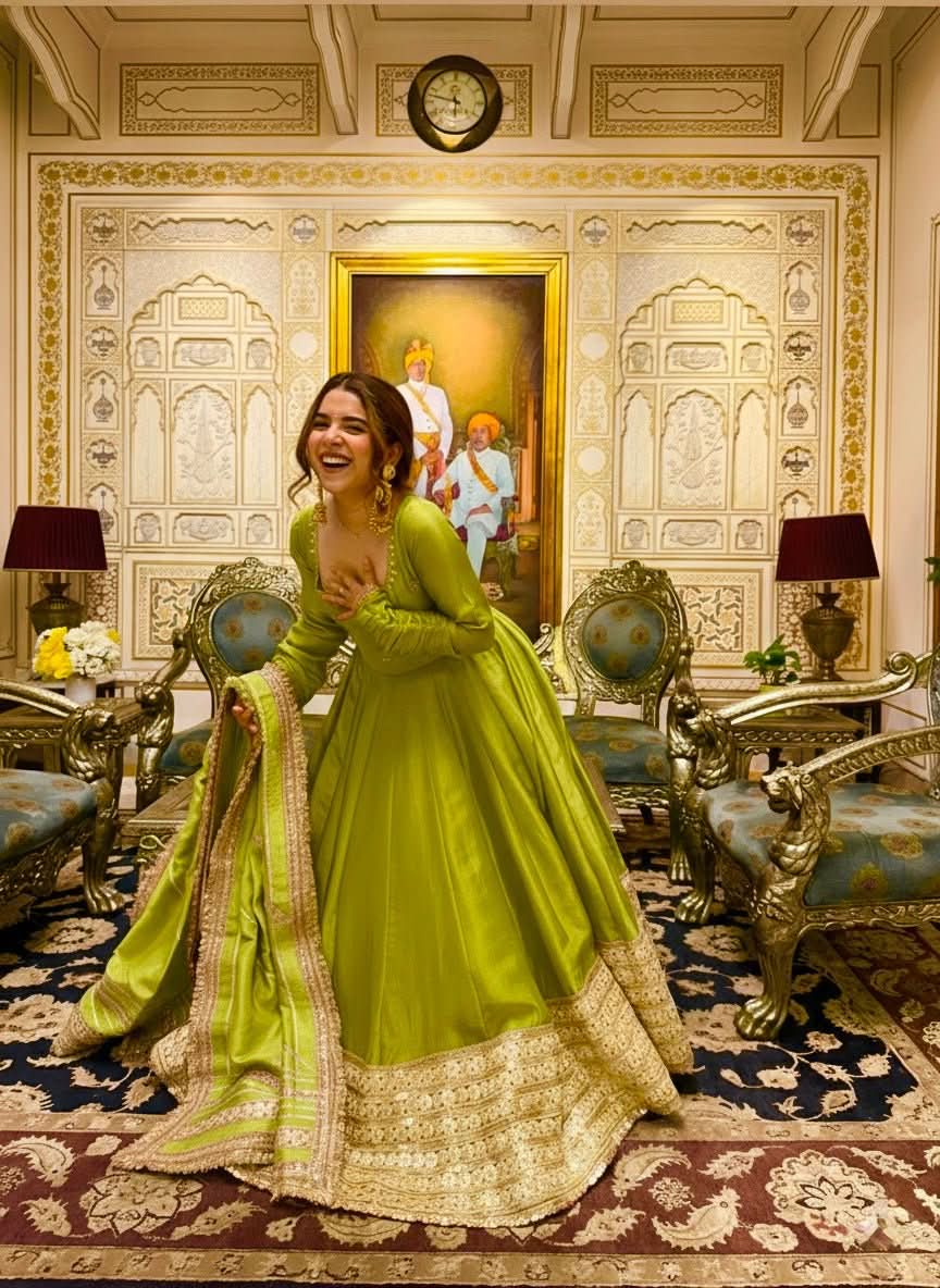 DN - 568 Oliva Green Chinon Silk Anarkali Gown Set With Dupatta & Pant – Heavy Embroidery - LAASYNA