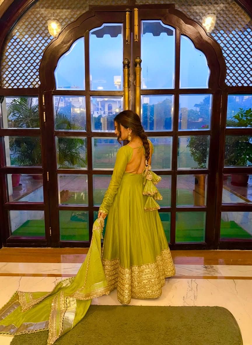 DN - 568 Oliva Green Chinon Silk Anarkali Gown Set With Dupatta & Pant – Heavy Embroidery - LAASYNA