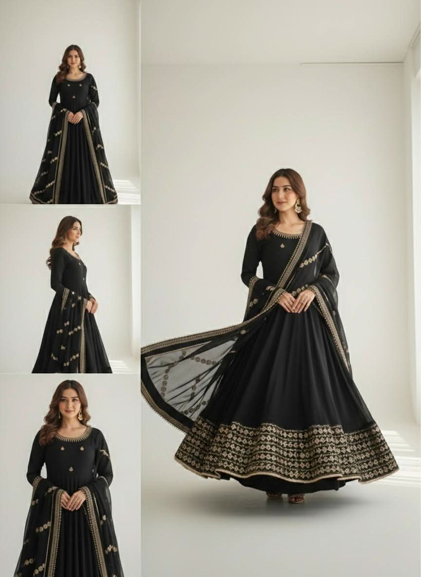 DN - 569 Black Chinon Silk Anarkali Gown Set With Dupatta & Pant – Heavy Embroidery Work - LAASYNA