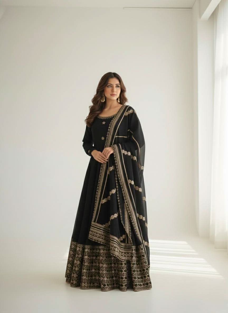DN - 569 Black Chinon Silk Anarkali Gown Set With Dupatta & Pant – Heavy Embroidery Work - LAASYNA