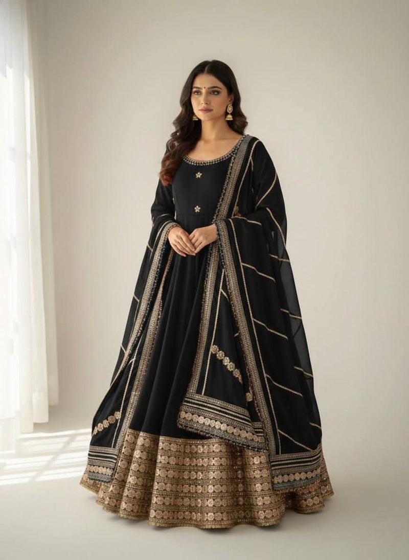 DN - 569 Black Chinon Silk Anarkali Gown Set With Dupatta & Pant – Heavy Embroidery Work - LAASYNA