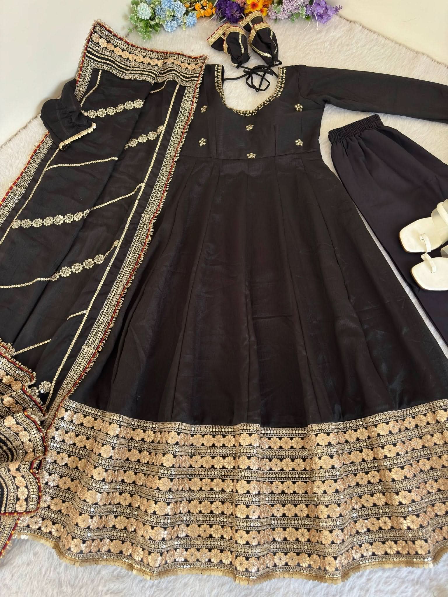 DN - 569 Black Chinon Silk Anarkali Gown Set With Dupatta & Pant – Heavy Embroidery Work - LAASYNA