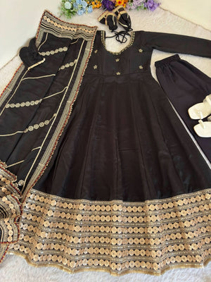 DN - 569 Black Chinon Silk Anarkali Gown Set With Dupatta & Pant – Heavy Embroidery Work - LAASYNA