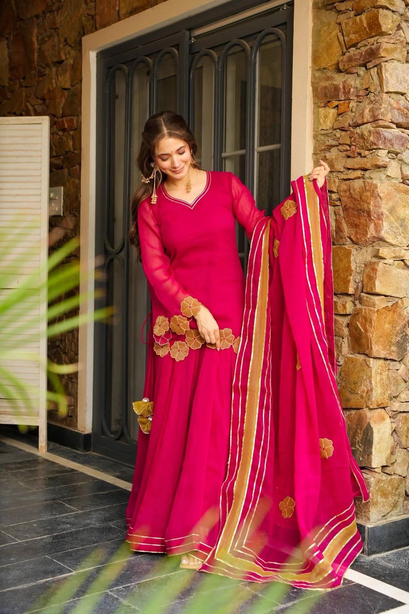 Faux Georgette Kurti Palazzo Set With Dupatta – Gotta Patti Cutwork Design - LAASYNA