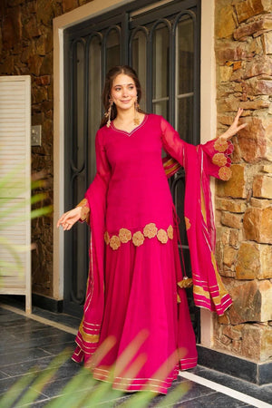 Faux Georgette Kurti Palazzo Set With Dupatta – Gotta Patti Cutwork Design - LAASYNA