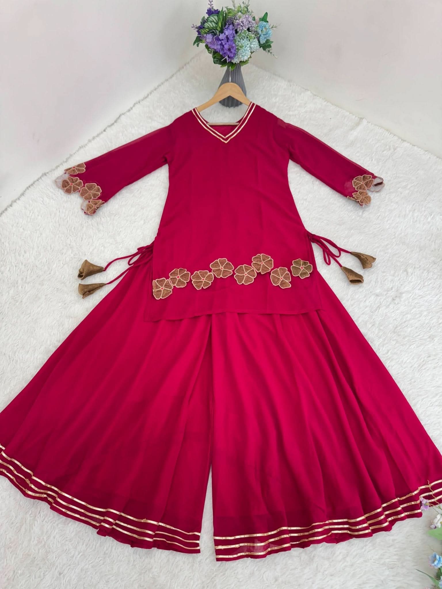 Faux Georgette Kurti Palazzo Set With Dupatta – Gotta Patti Cutwork Design - LAASYNA