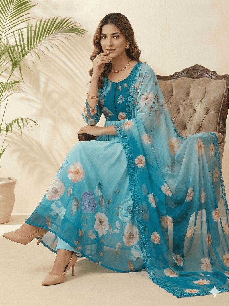 Fox Georgette Party Wear Gown Set With Dupatta & Pant - LAASYNA