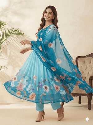 Fox Georgette Party Wear Gown Set With Dupatta & Pant - LAASYNA