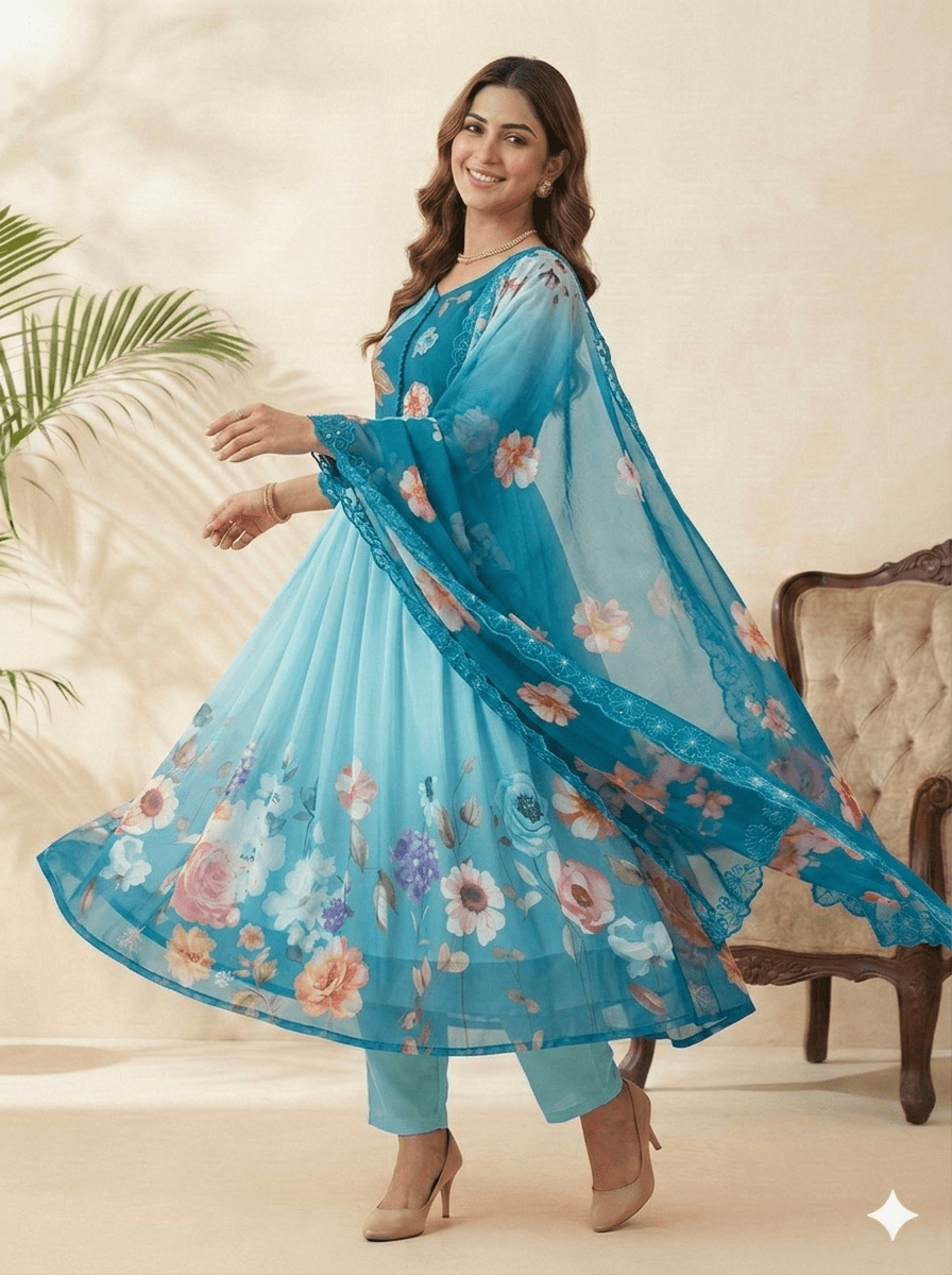 Fox Georgette Party Wear Gown Set With Dupatta & Pant - LAASYNA