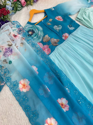 Fox Georgette Party Wear Gown Set With Dupatta & Pant - LAASYNA