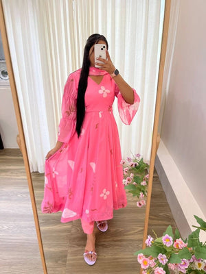Fox Georgette Special Party Wear Wedding Gown Set With Dupatta & Bottom – 14 Kali, 4.5 Meter Flair - LAASYNA
