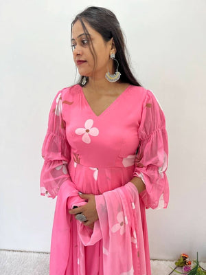 Fox Georgette Special Party Wear Wedding Gown Set With Dupatta & Bottom – 14 Kali, 4.5 Meter Flair - LAASYNA
