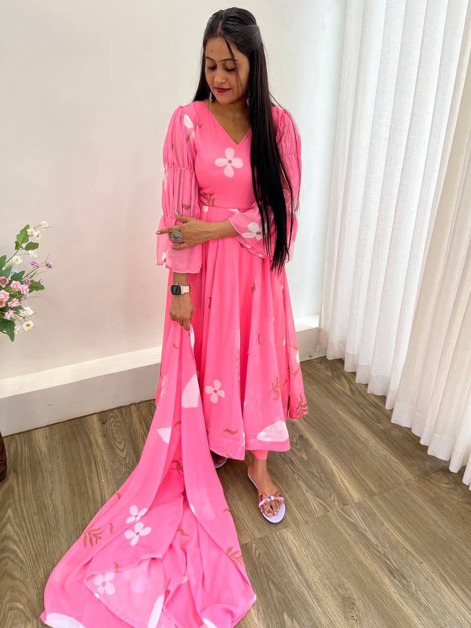 Fox Georgette Special Party Wear Wedding Gown Set With Dupatta & Bottom – 14 Kali, 4.5 Meter Flair - LAASYNA