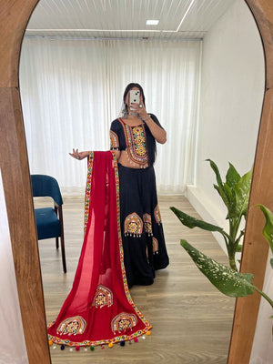 Navratri 2024 Pure Cotton Gamthi Patch Work Chaniya Choli Set With Mirror Work Dupatta - LAASYNA