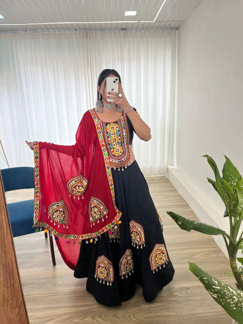 Navratri 2024 Pure Cotton Gamthi Patch Work Chaniya Choli Set With Mirror Work Dupatta - LAASYNA