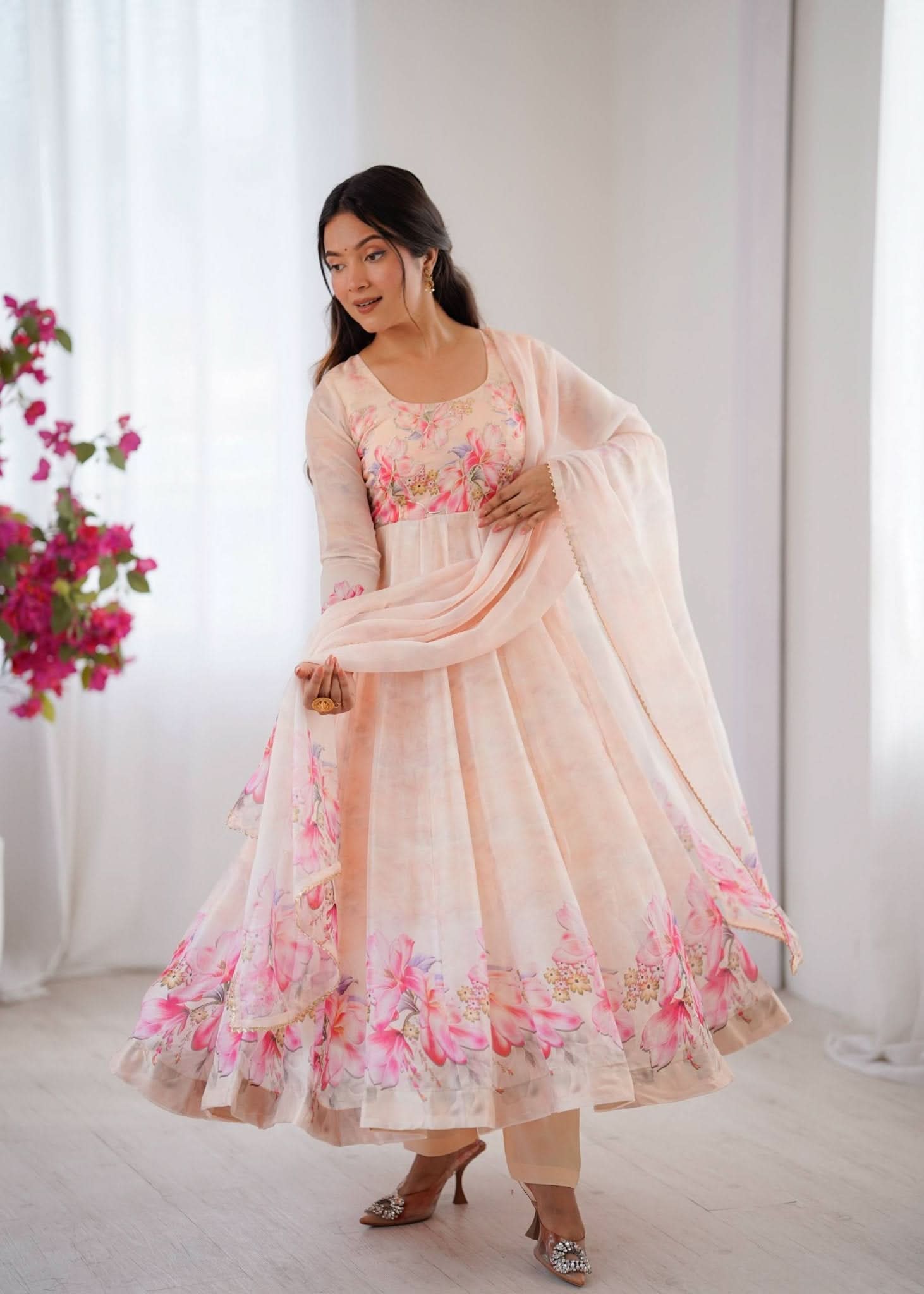 Organza Taby Silk 14 Kali Digital Print Gown Set With Dupatta & Pant - LAASYNA