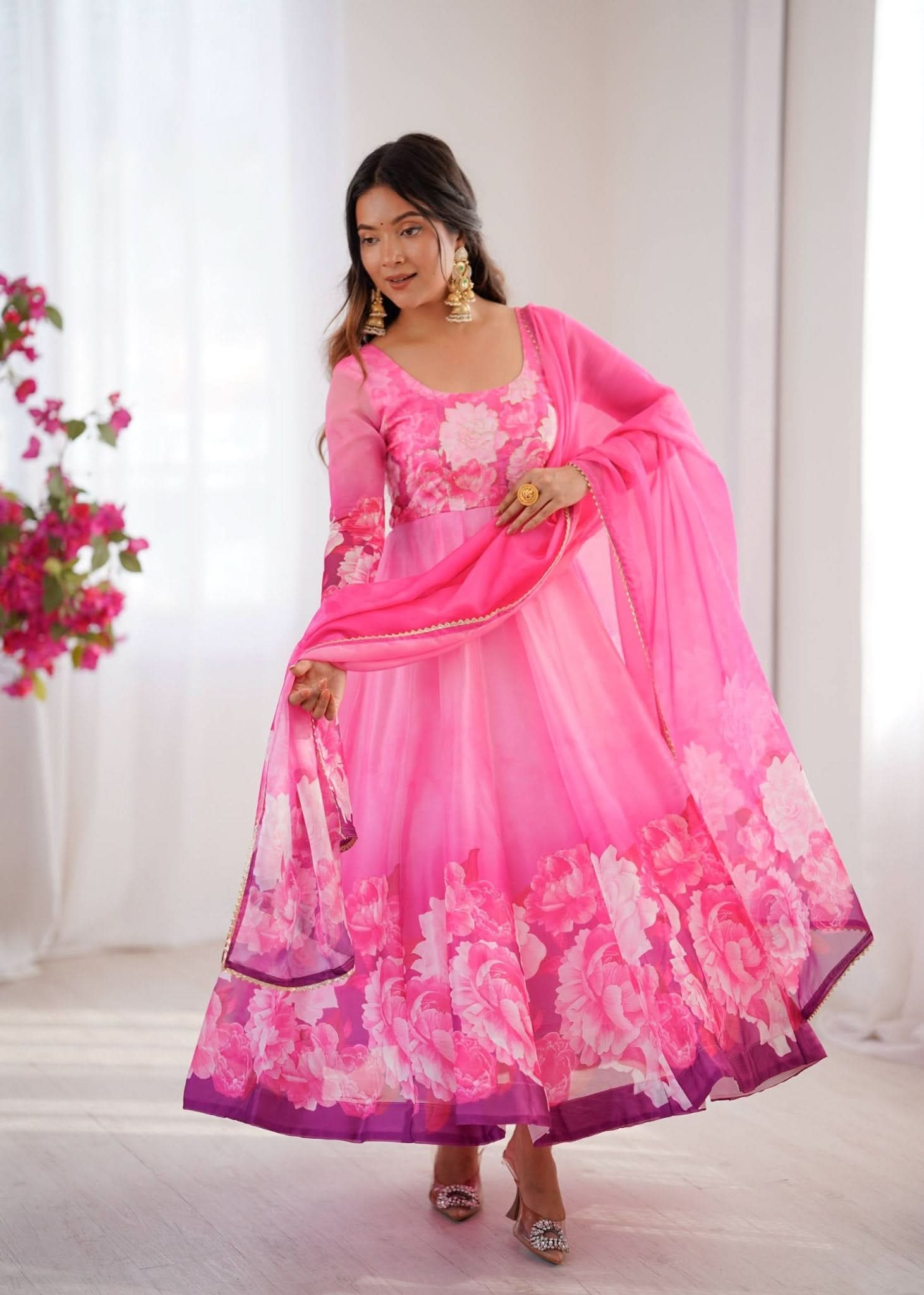 Organza Taby Silk 14 Kali Digital Print Gown Set With Dupatta & Pant - LAASYNA
