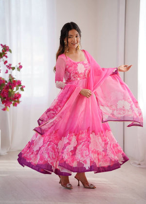 Organza Taby Silk 14 Kali Digital Print Gown Set With Dupatta & Pant - LAASYNA