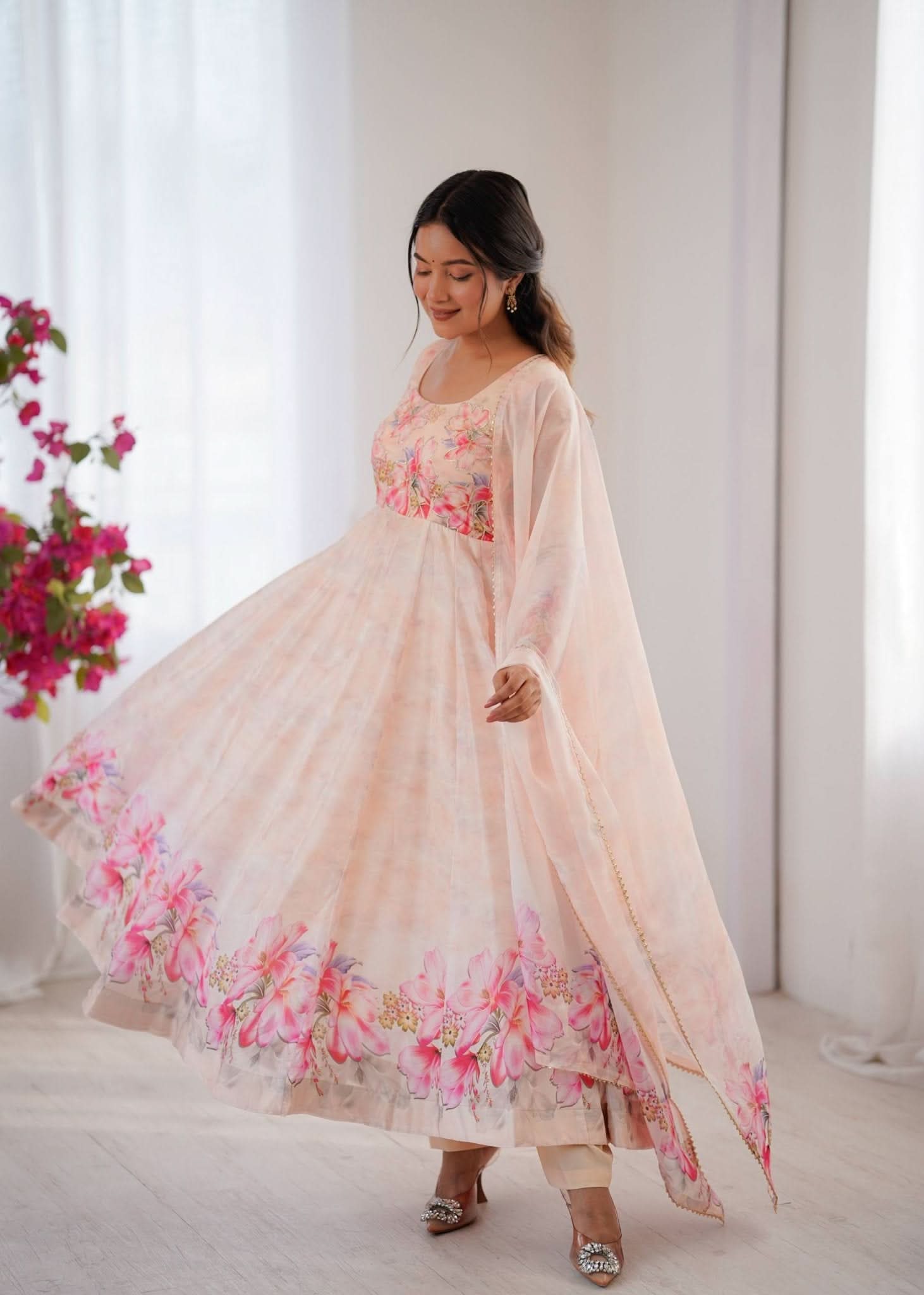 Organza Taby Silk 14 Kali Digital Print Gown Set With Dupatta & Pant - LAASYNA