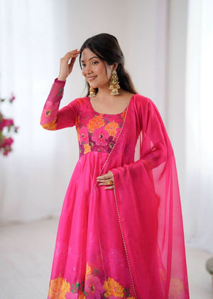 Organza Taby Silk 14 Kali Digital Print Gown Set With Dupatta & Pant - LAASYNA