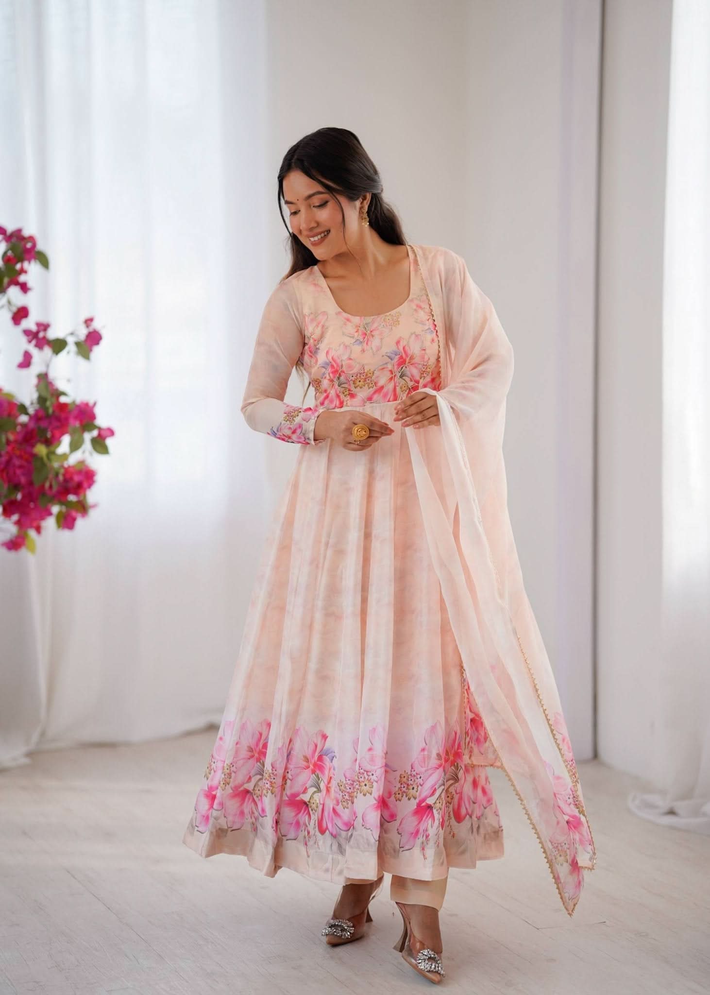 Organza Taby Silk 14 Kali Digital Print Gown Set With Dupatta & Pant - LAASYNA